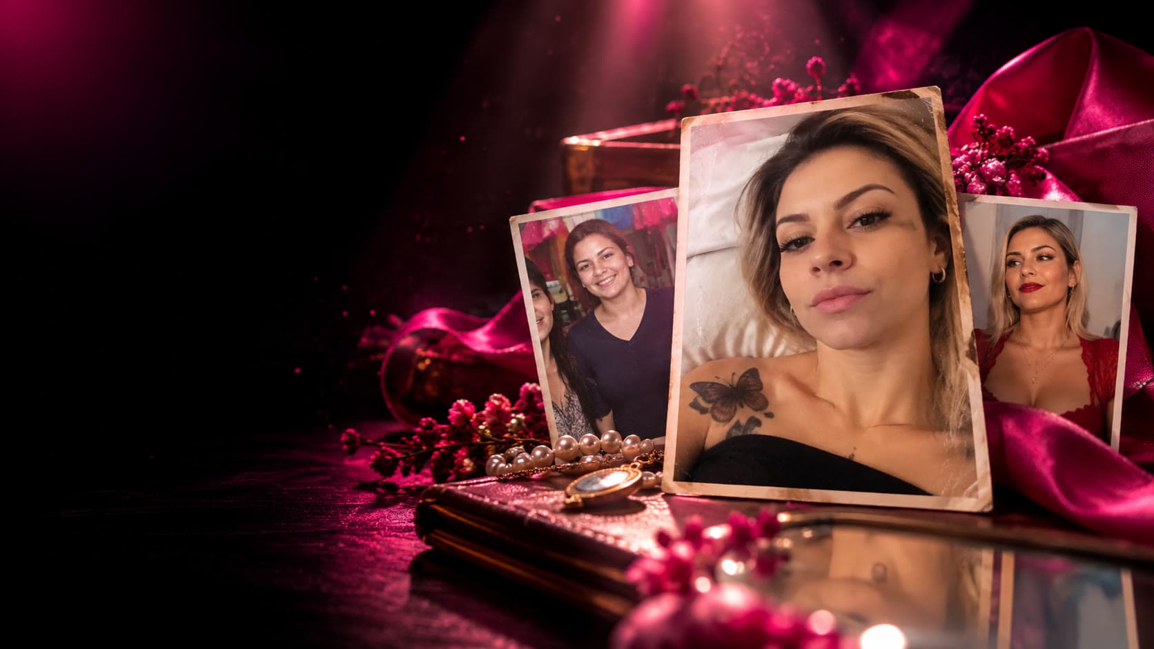 Fotografias da trajetória de Ana sobre uma penteadeira, com cetim pink e pérolas