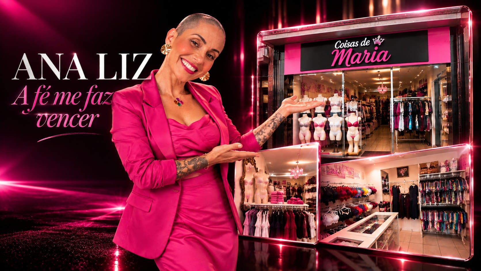 Ana Liz de terno pink, sorrindo, apontando para a loja Coisas de Maria