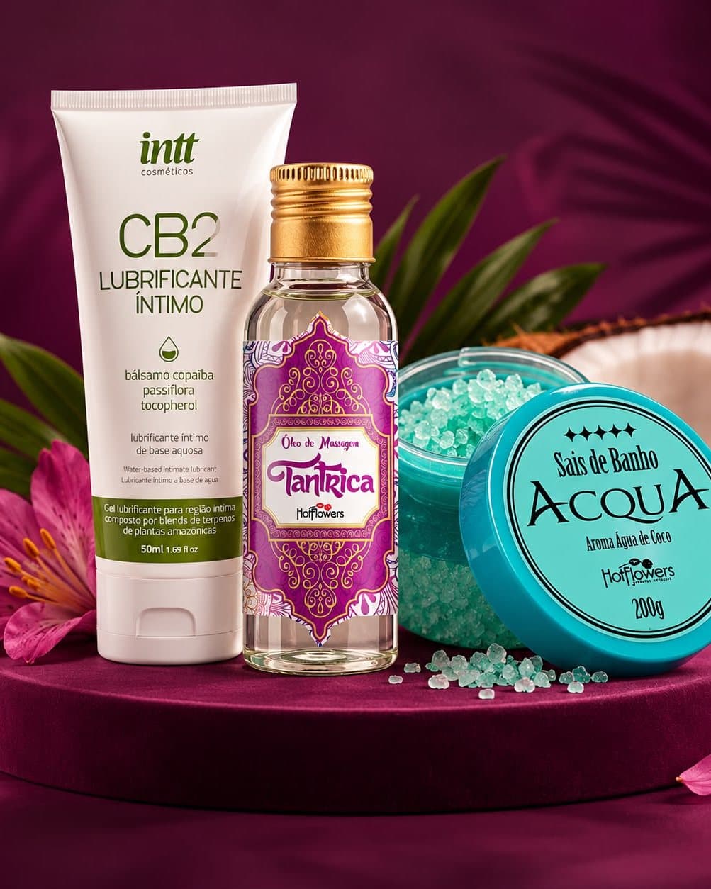 Lubrificante CB2, óleo de massagem Tântrica e sais de banho Acqua