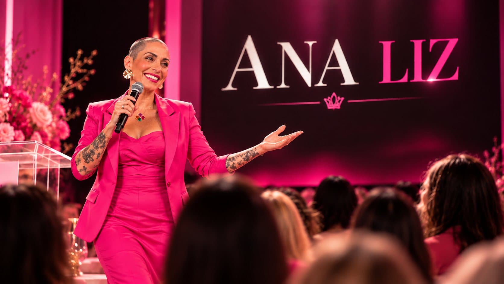 Ana Liz de terno pink, com microfone, no palco diante do público
